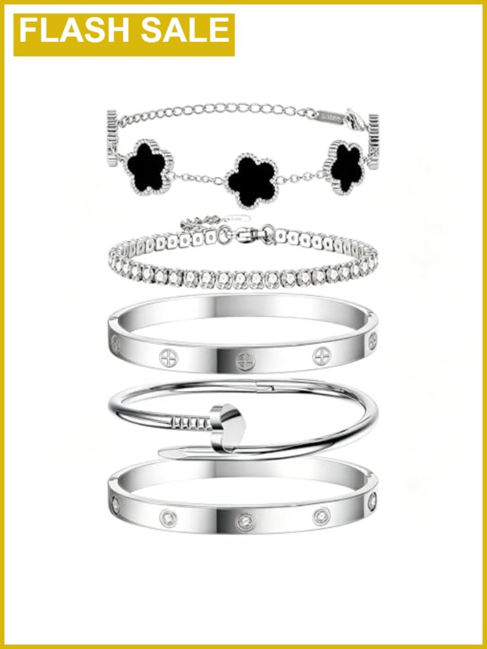 Stackable Silver Bangle Bracelets Set - Non-Tarnish Stainless Steel, Trendy